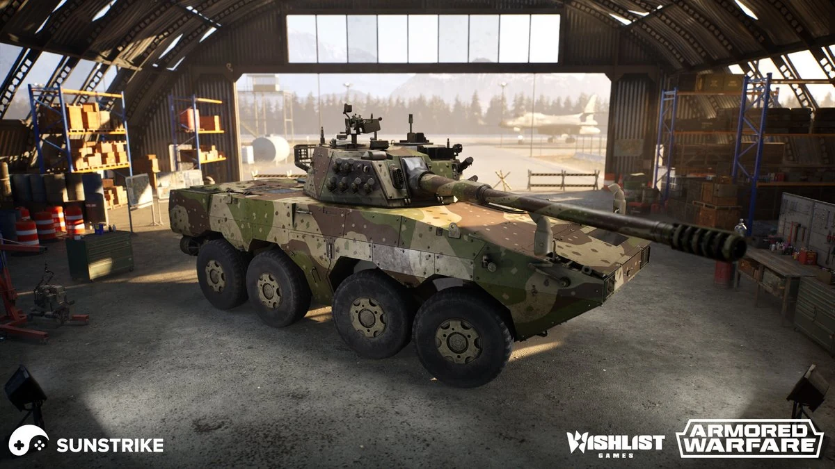 Photoreal 3D armored vehicle - eight-wheeled camouflage tank with mounted turret and cannon, rendered inside a hangar with crates and aircraft visible outside