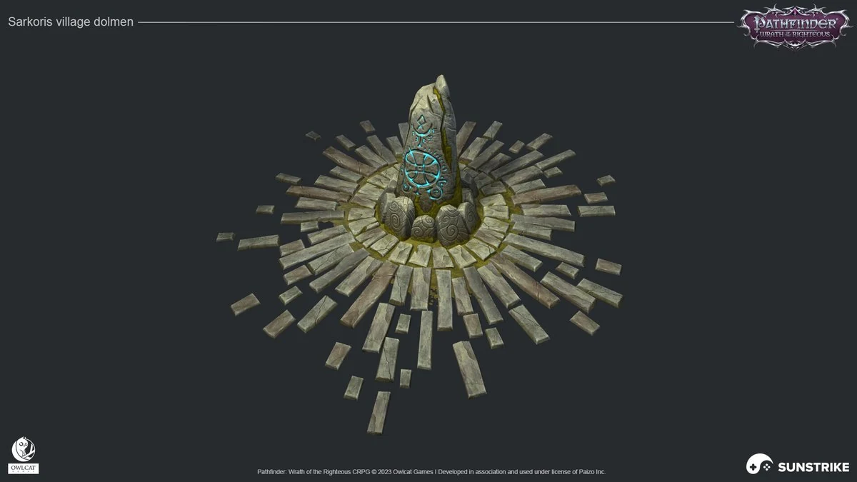 3D environment prop - rune-engraved standing stone dolmen surrounded by a radial pattern of carved stone tiles, lit by glowing teal symbols