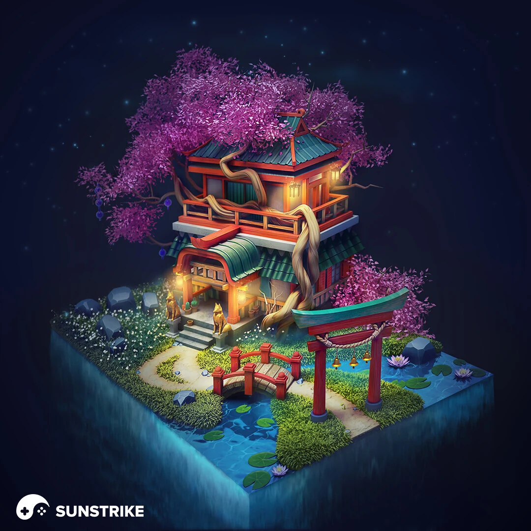 Stylized 3D diorama of a Japanese pagoda shrine with cherry blossom trees, torii gate, lanterns and koi pond on a square platform at night