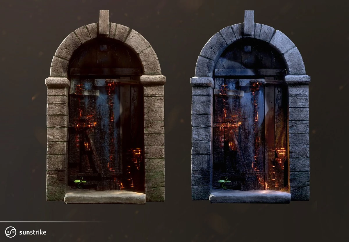 Two side-by-side 3D environment prop variants - stone arch doorways with charred wooden interiors and glowing ember cracks, one warmer one cooler