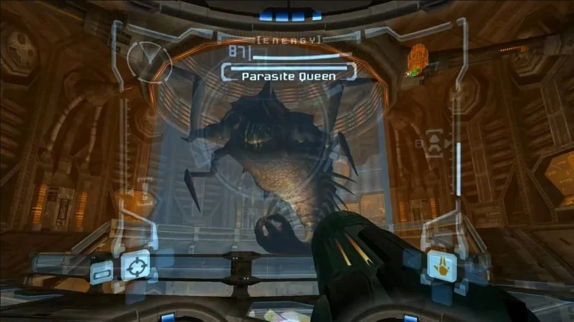 Metroid Prime diegetic HUD - first-person helmet visor view with health, ammo and radar projected on the glass