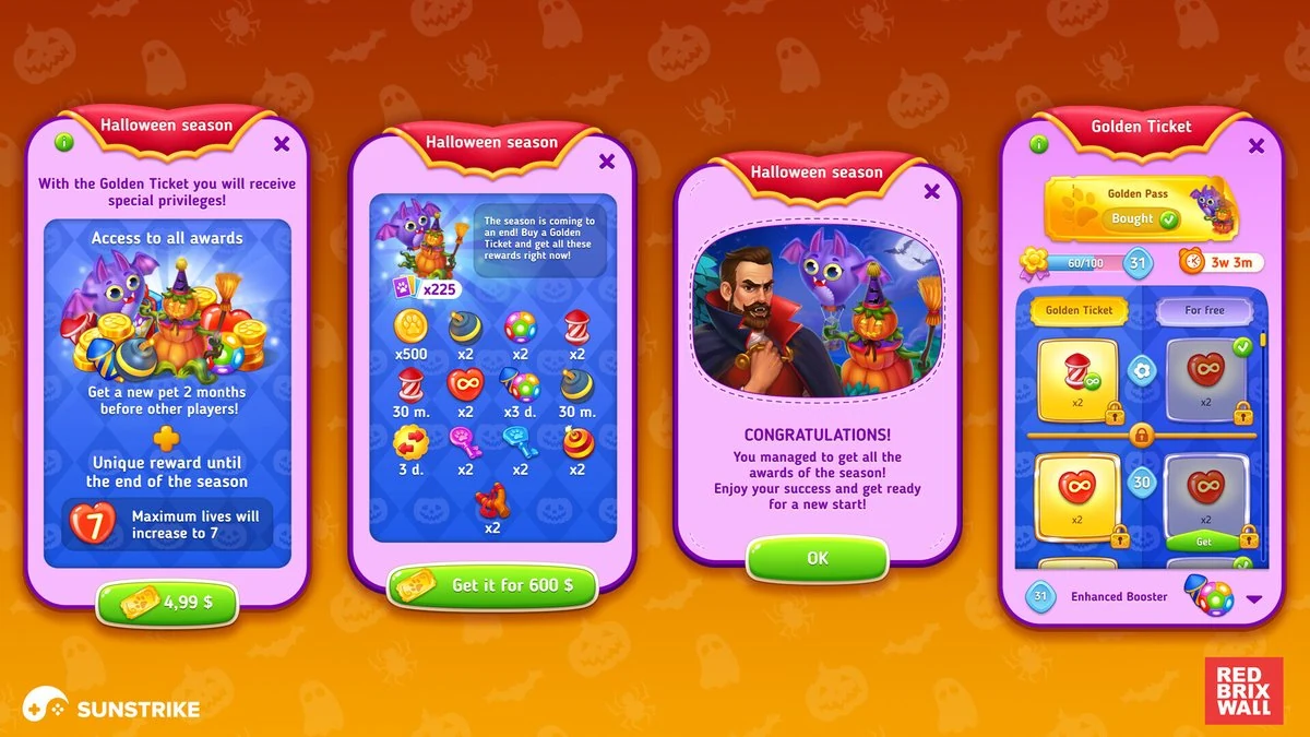Mobile game UI windows for Red Brix Wall - Halloween event screens, reward popup and themed shop interface