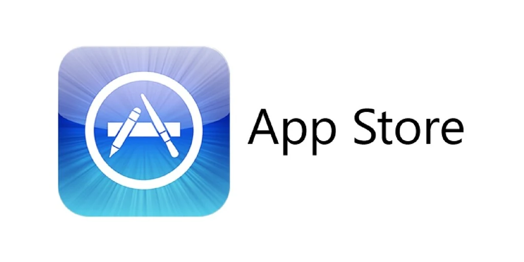 Apple App Store logo with classic blue radial-burst icon and pencil-ruler-brush emblem next to the App Store wordmark