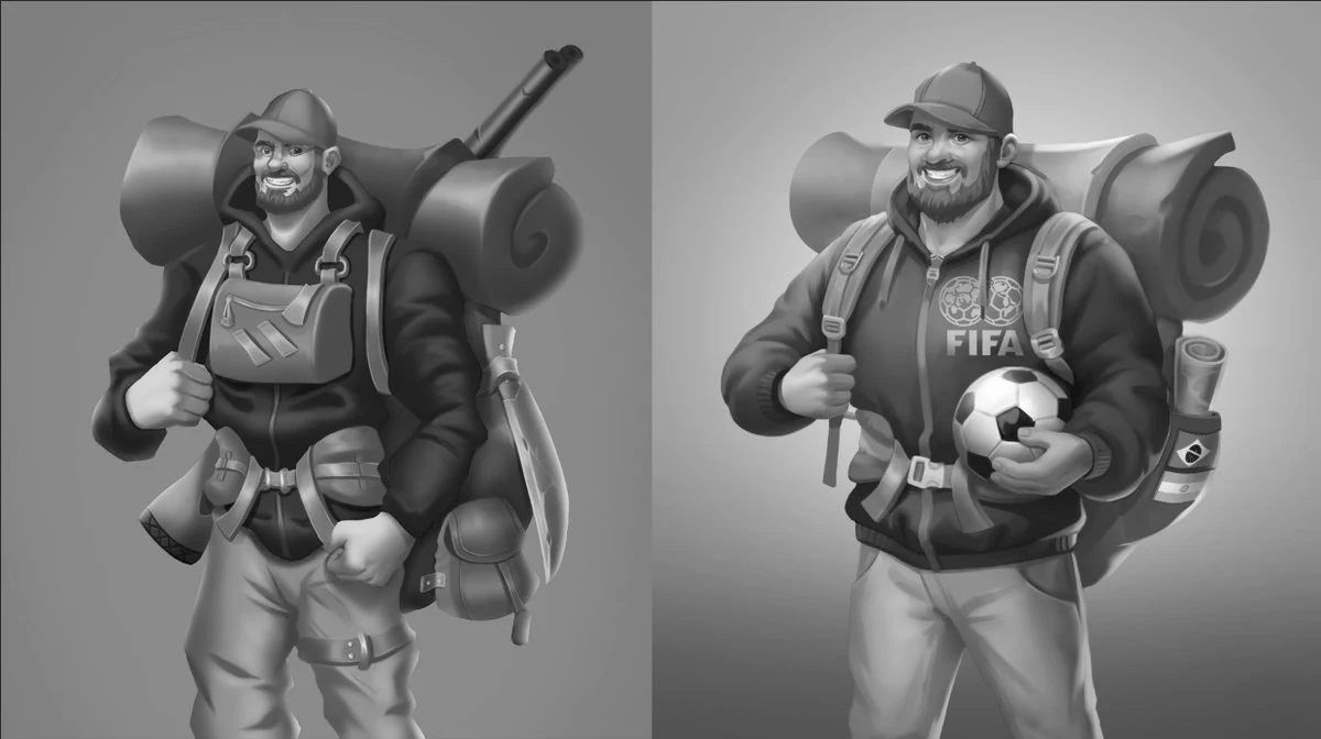 Diagram with brushstrokes marking inconsistent light directions on the hunter character