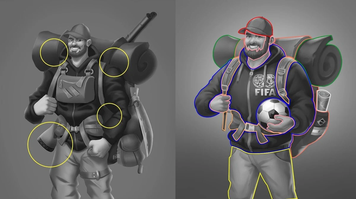 Greyscale value study of the hunter character showing flat overlapping tones that blend into one shape