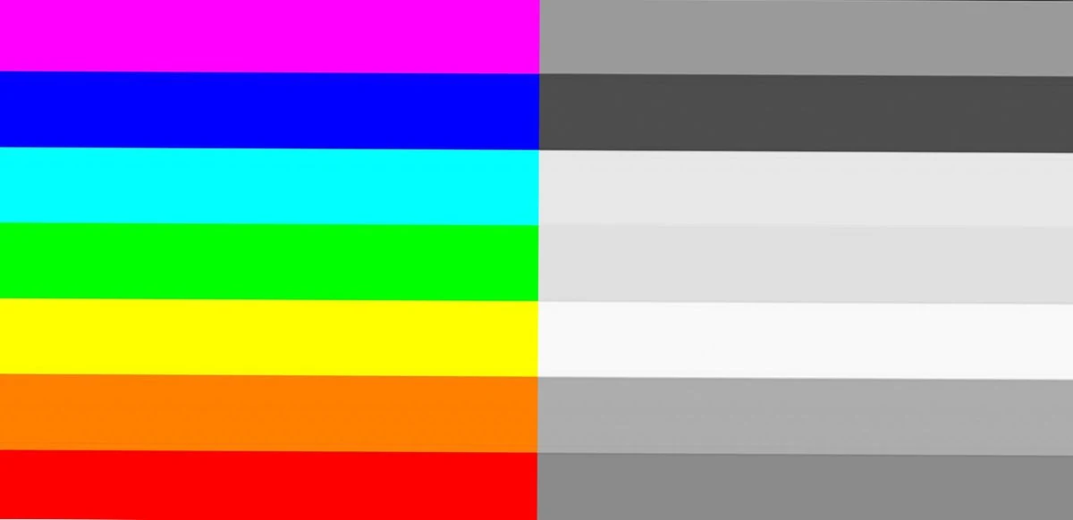 Rainbow swatch comparison showing how each saturated color carries a different greyscale value