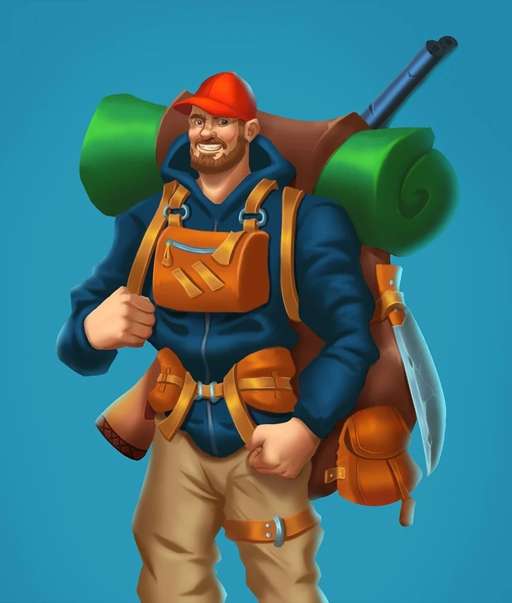 Close-up callouts highlighting backpack straps, clasps and gear attachments on the redrawn traveler character