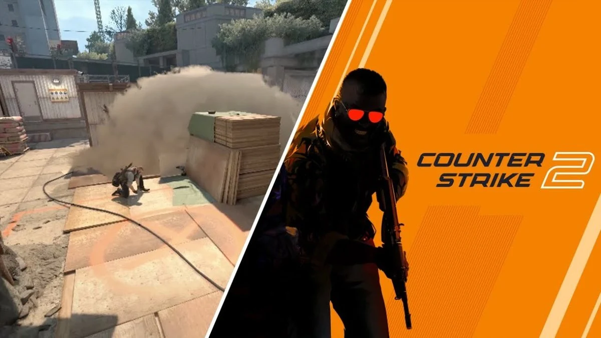 Counter-Strike 2 promotional split image with smoke grenade gameplay on left and orange key art with a soldier holding a rifle on right