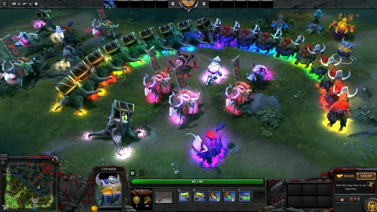 Dota 2 in-game lineup of all heroes glowing with rainbow auras on a grass map - free-to-play MOBA with every hero unlocked from day one