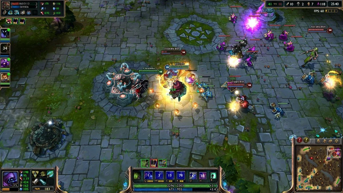 League of Legends midlane teamfight with champions and minions clashing on the stone-paved Summoner's Rift, classic free-to-play MOBA gameplay
