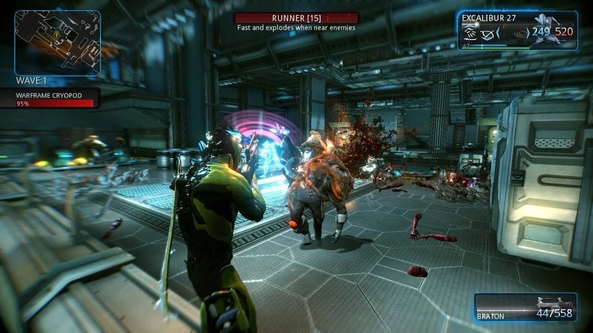 Warframe defense mission with Excalibur in green armor fighting Grineer Runner enemies inside a metallic ship corridor - free-to-play co-op looter shooter
