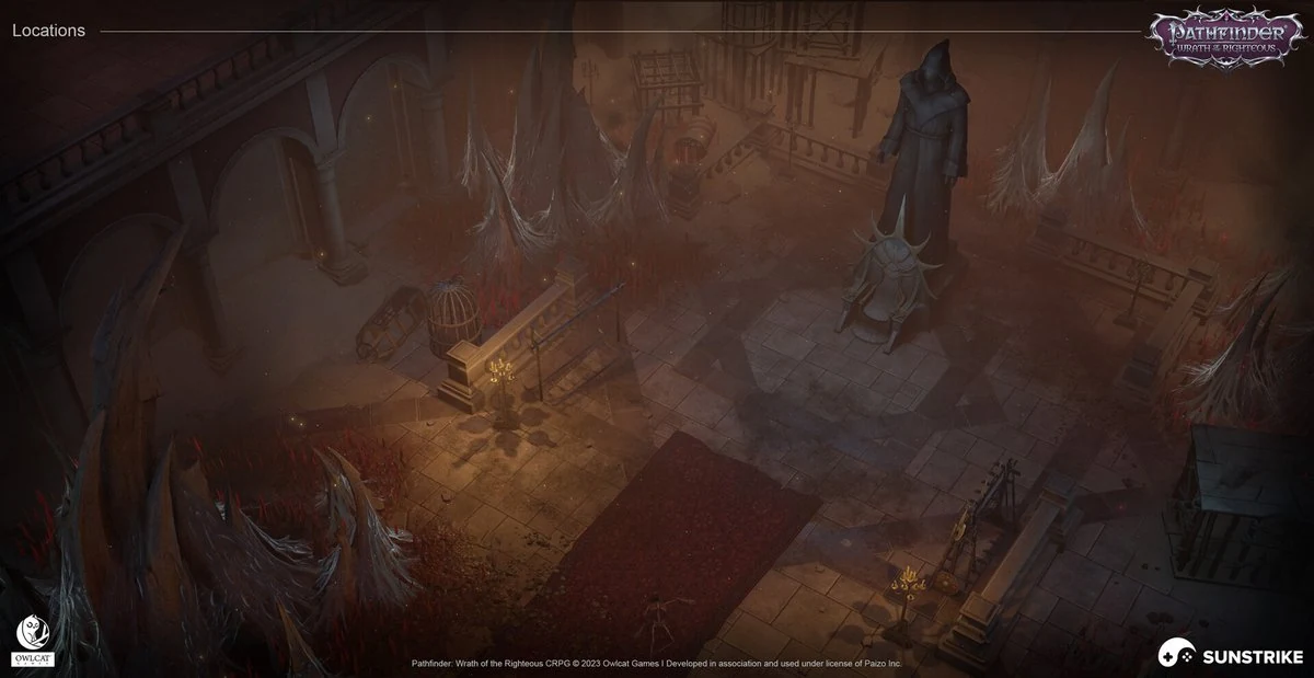 Fantasy isometric environment with stone arches, ancient ruins, and atmospheric lighting created by SunStrike Studios for Pathfinder: Wrath of the Righteous