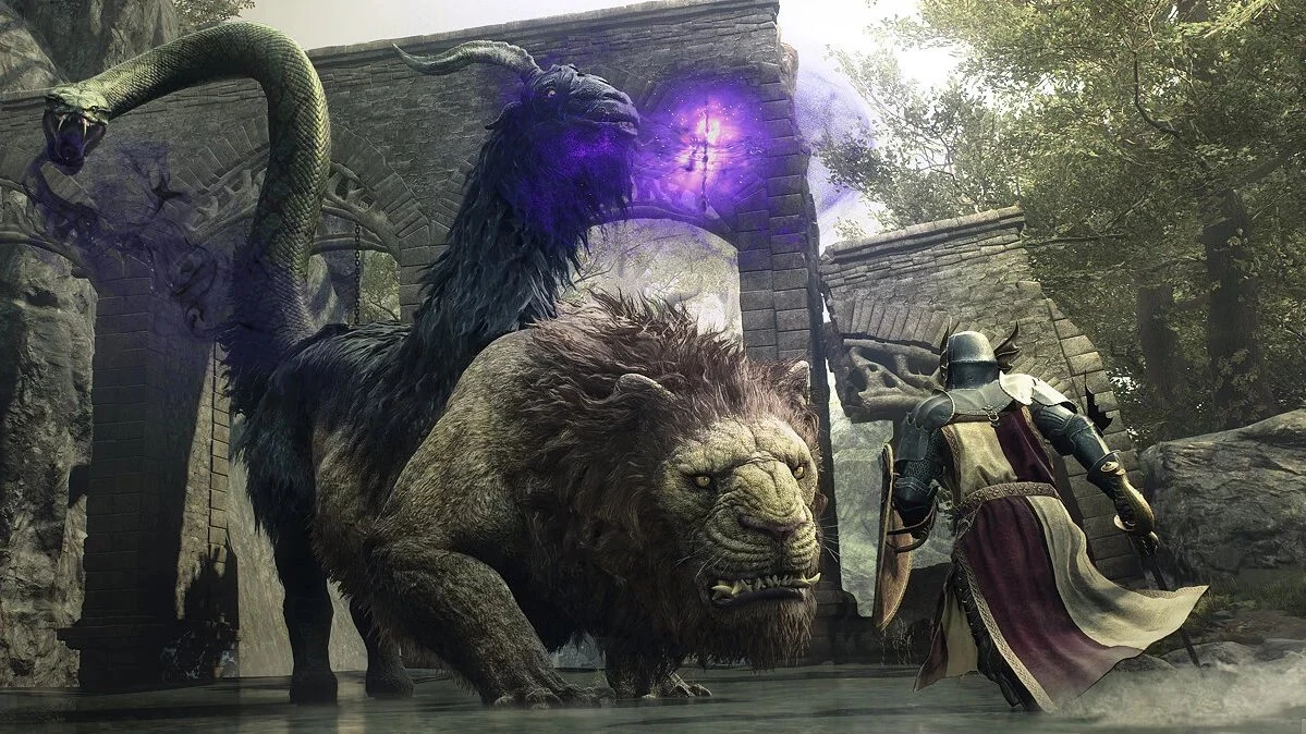 Dragon's Dogma 2 in-game scene showing the Arisen with AI Pawn companions in a sweeping open-world fantasy landscape
