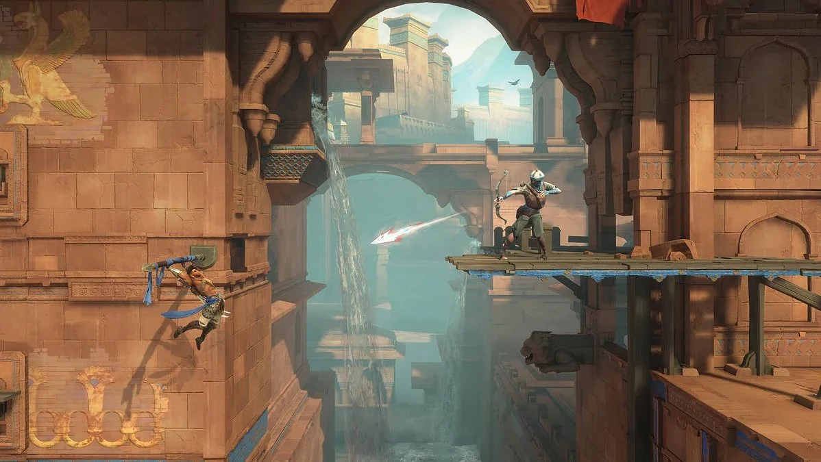 Prince of Persia: The Lost Crown 2D platformer scene with Sargon in a mythological Persian palace setting
