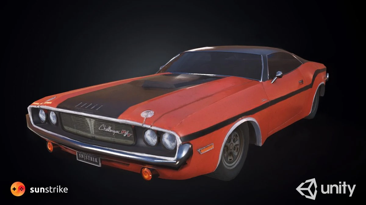 Game-ready 3D car model of an orange Dodge Challenger muscle car with black hood stripes, chrome bumper and weathered paint, rendered in Unity