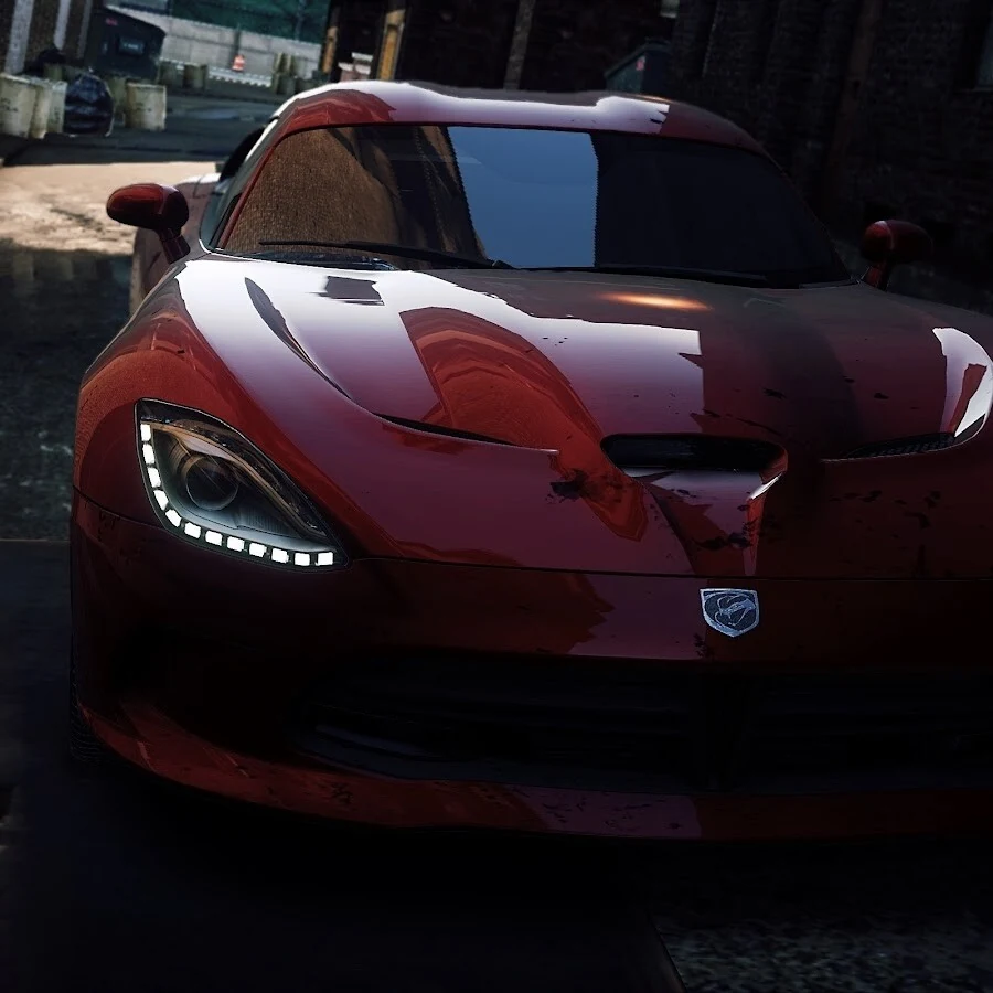 Close-up of a glossy red supercar 3D model with detailed clear-coat reflections, LED headlight strip and PBR paint shading rendered in an engine scene