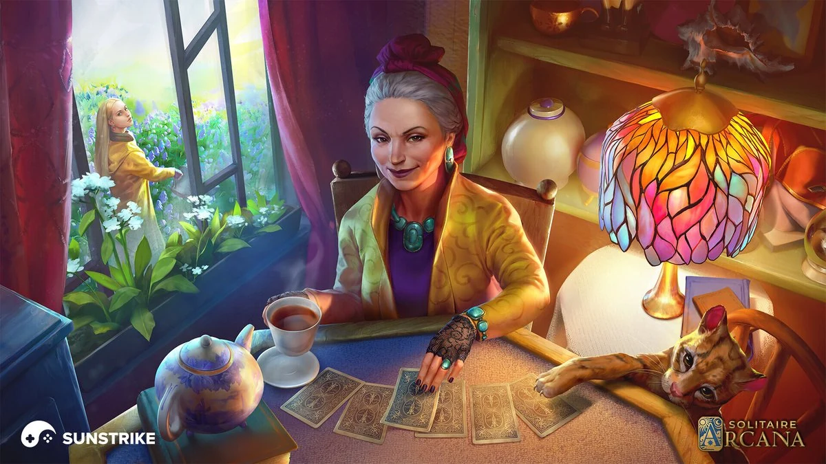 Hooded fortune teller character at a candle-lit table with crystal ball and tarot cards in a mystic 2D game illustration