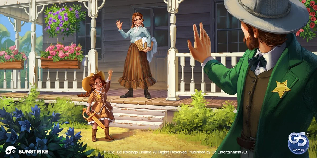 Western frontier town square at sunset with cowboy character in front of saloon and church for a 2D match-three game illustration