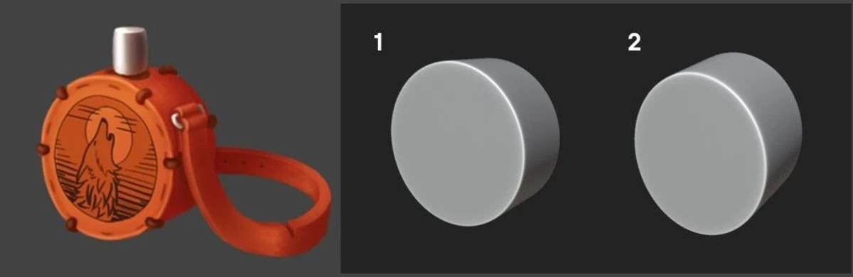 Construction analysis diagram with the original flask icon, a 3D reference cylinder, and overlay arrows showing how the cylinder direction and ellipses should be drawn