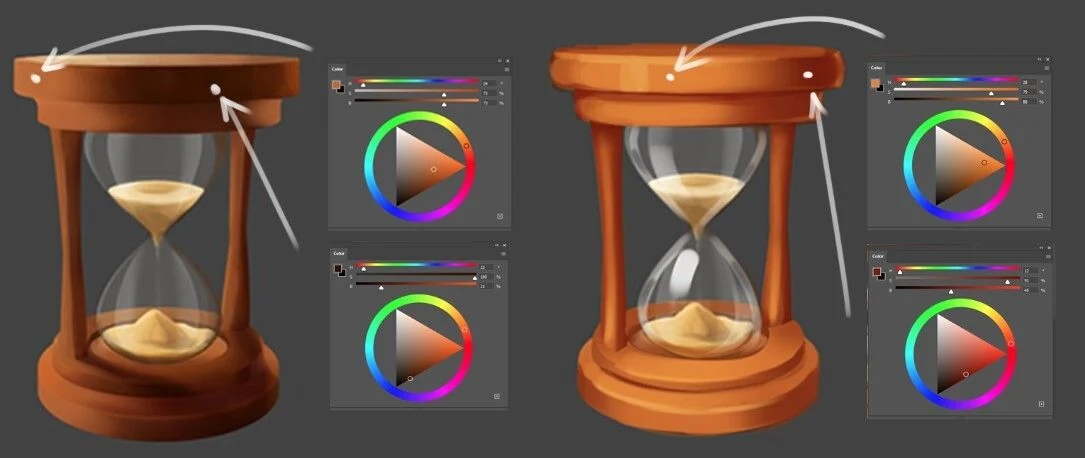 The orange wristwatch icon with corrected colors - yellower hues on the lit side and red-shifted hues on the shadow side, all more saturated