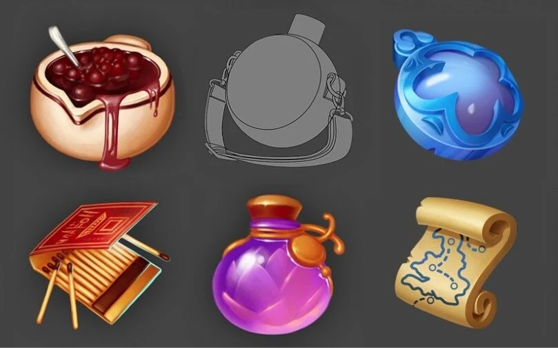 Clean 2D linework of the flask painted on top of the 3D blockout - sharp silhouette, lid, body and strap composition ready for color