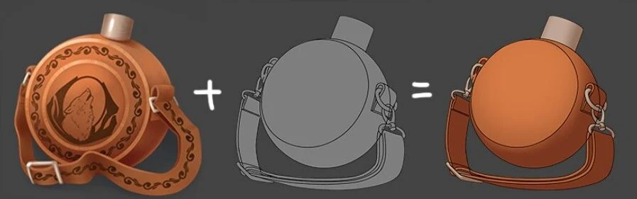 The flask with first pass of flat color taken directly from the original icon - leather body, metal lid and strap blocked in