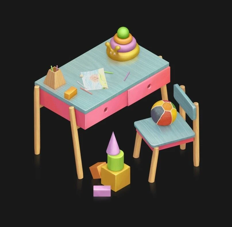 Casual isometric scene with a children's table, chair, cubes, pyramid and pencils used as a SunStrike Studios test assignment