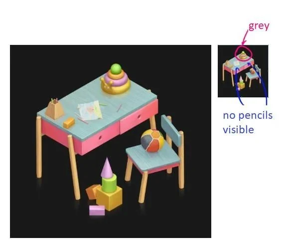 Same scene shrunk to mobile size showing the pyramid losing contrast and the pencils almost disappearing