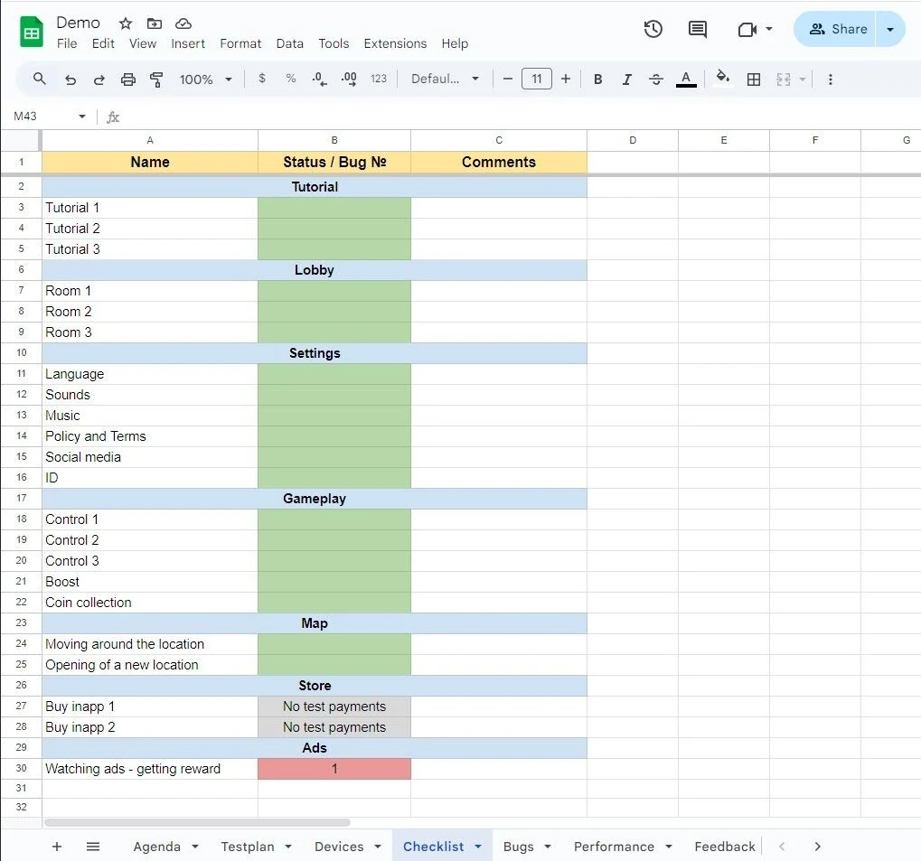Checklist section of an exploratory testing document divided by gameplay mechanics with status markers and color-coded rows for passed, failed, blocked and skipped checks