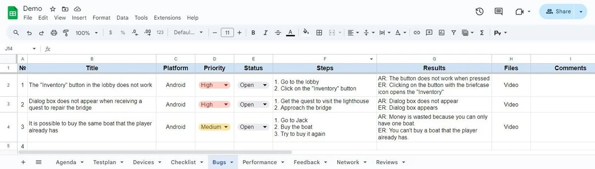 Bugs section of an exploratory testing document with a wide table containing ID, title, platform, priority, status, steps to reproduce, result, files and comments columns