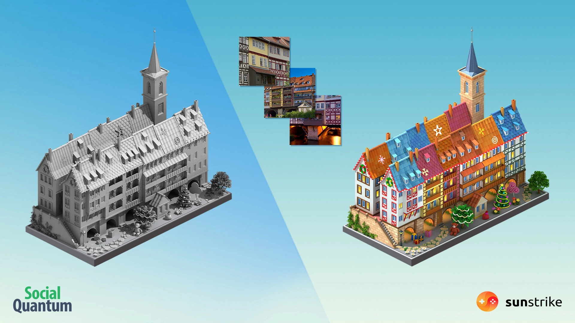 Megapolis isometric building shown as grey model, photo references and finished stylized art by SunStrike Studios