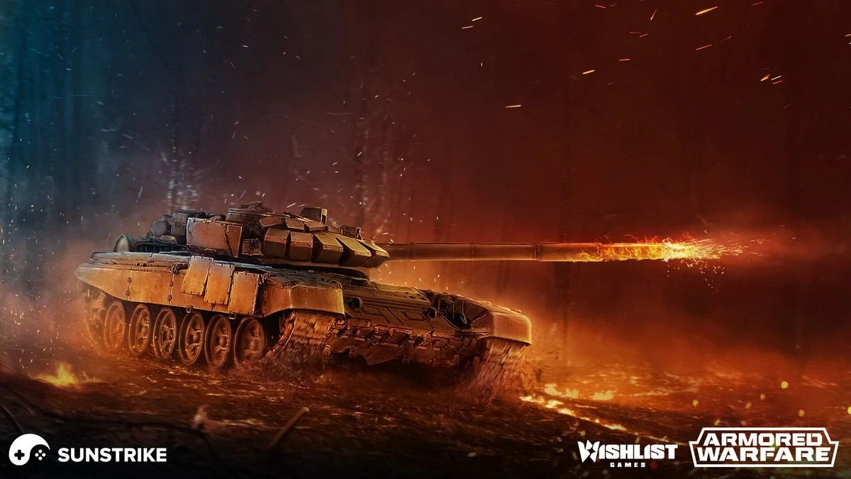 Battle tank firing through a smoky forest - concept art for Armored Warfare by SunStrike Studios