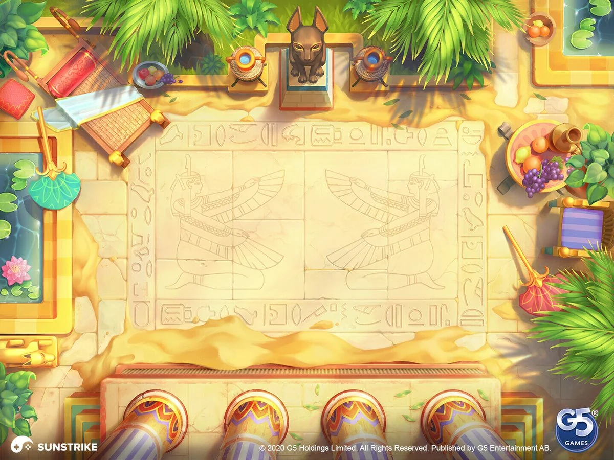 Top-down match-3 board with hieroglyphs, Anubis statue, and tropical foliage - game background for Jewels of Egypt by SunStrike Studios