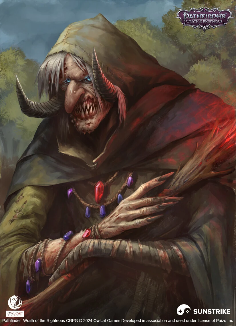 Hooded horned demonic character with crystal necklace - 2D portrait art for Pathfinder: Wrath of the Righteous by SunStrike Studios
