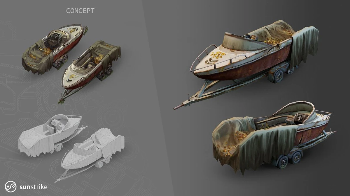 Side-by-side concept-to-3D pipeline showing painted concept boats on the left and rendered low-poly and finished high-detail vehicle models on the right against a grey backdrop