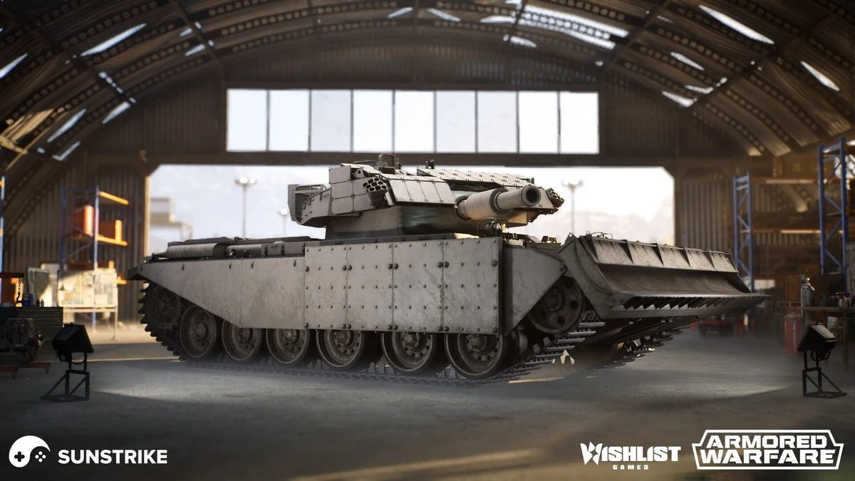 Detailed armoured tank with treads and reinforced plating staged inside a hangar - high-poly hero vehicle render produced for Armored Warfare