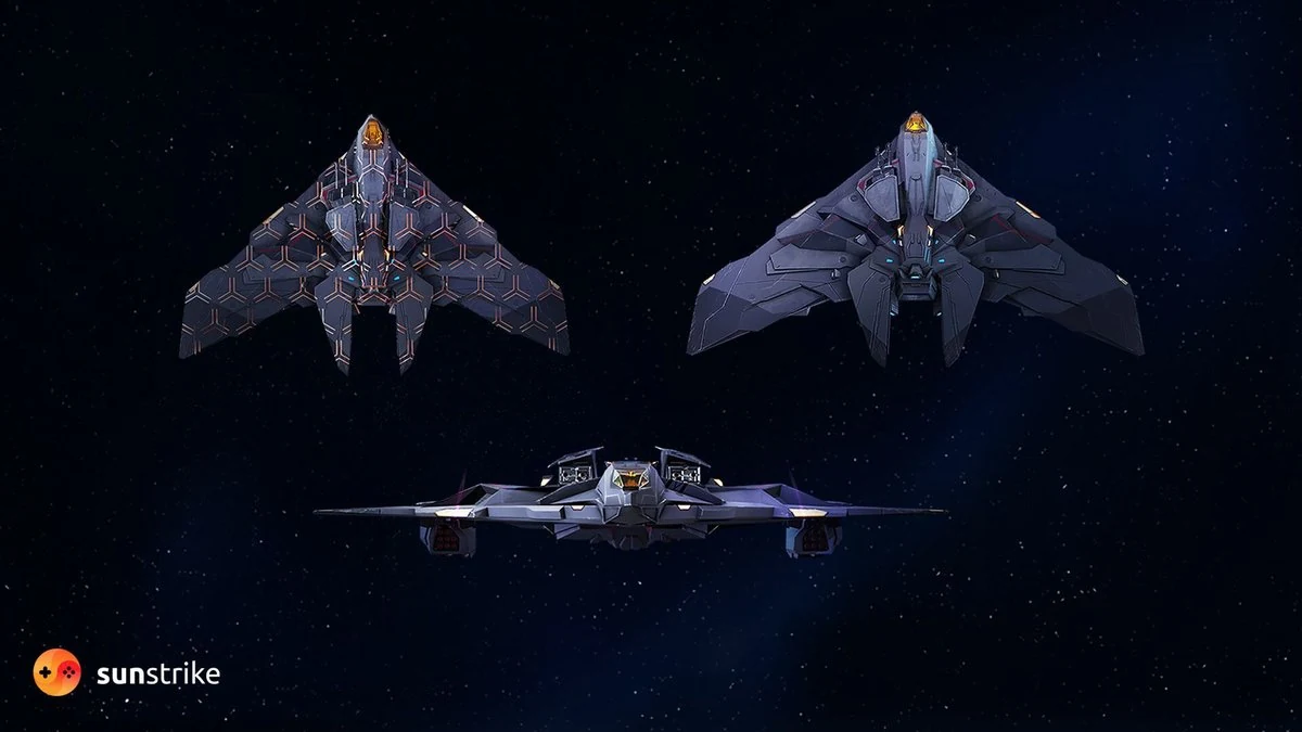 Three angular low-poly spaceships with hard-edged hexagonal panel detailing arranged against a starfield background - example of stylised low-poly game models