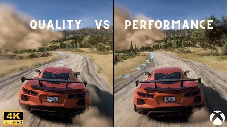 Split screenshot of an orange sports car drifting on a dirt road labelled QUALITY versus PERFORMANCE, illustrating the visual fidelity versus framerate trade-off