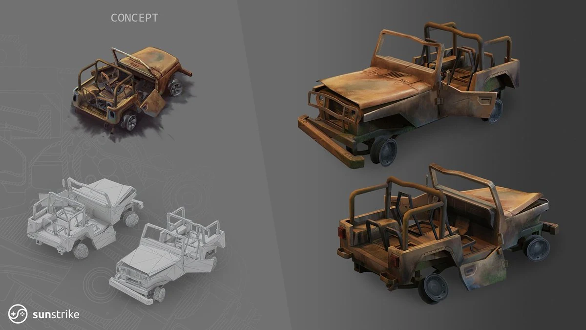 Concept painting of a rusted post-apocalyptic open-roll-cage jeep alongside its low-poly base mesh and finished textured 3D model - example of vehicle high-to-low pipeline