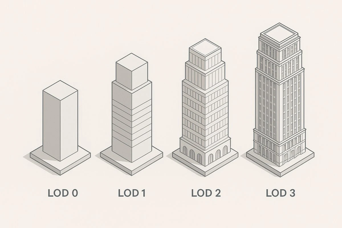 Four isometric line drawings of the same office tower building progressively losing detail from LOD 0 to LOD 3, demonstrating geometry simplification at distance