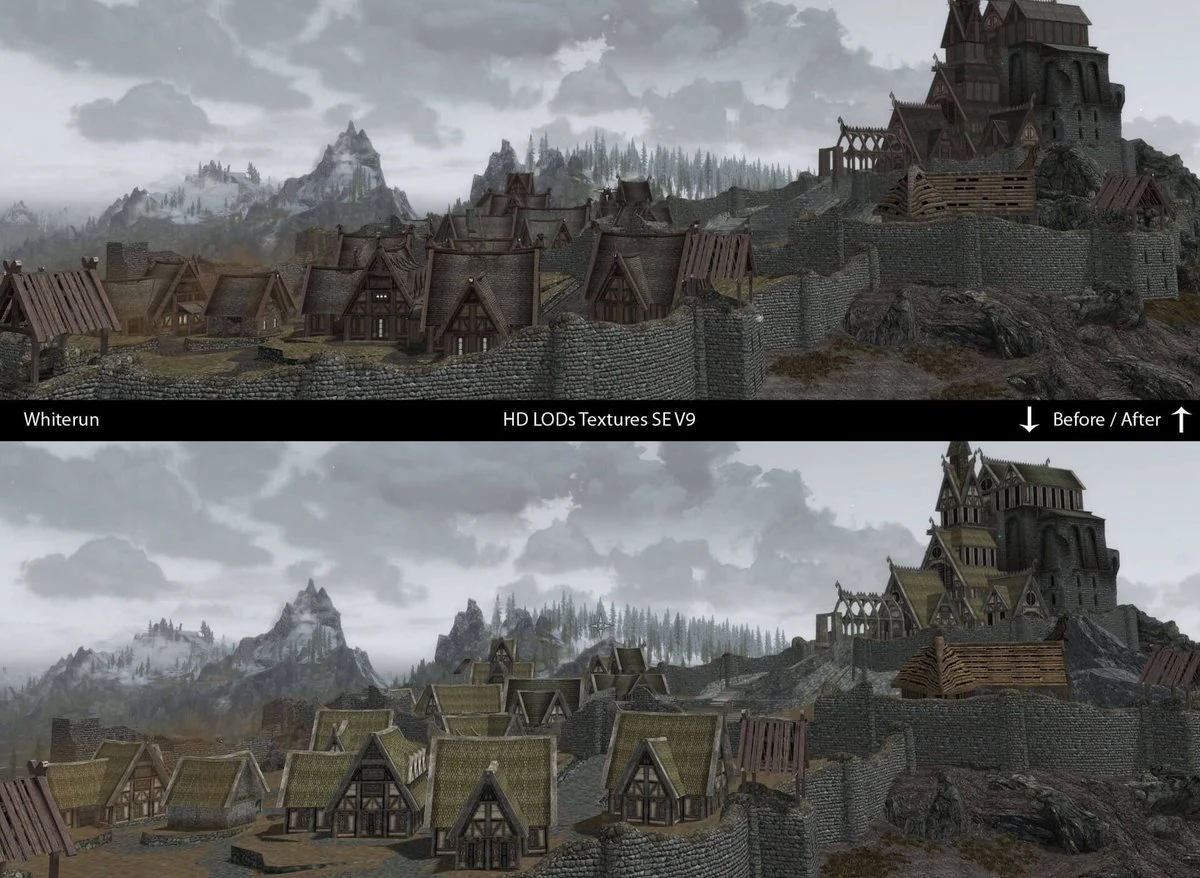 Before and after screenshots of the medieval city of Whiterun in Skyrim showing dull stock LOD textures on top and lush HD LOD V9 textures on bottom