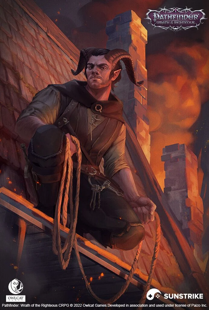 Painted portrait of a horned tiefling rogue with rope and pouches crouched on a burning rooftop, bearing the Pathfinder: Wrath of the Righteous logo