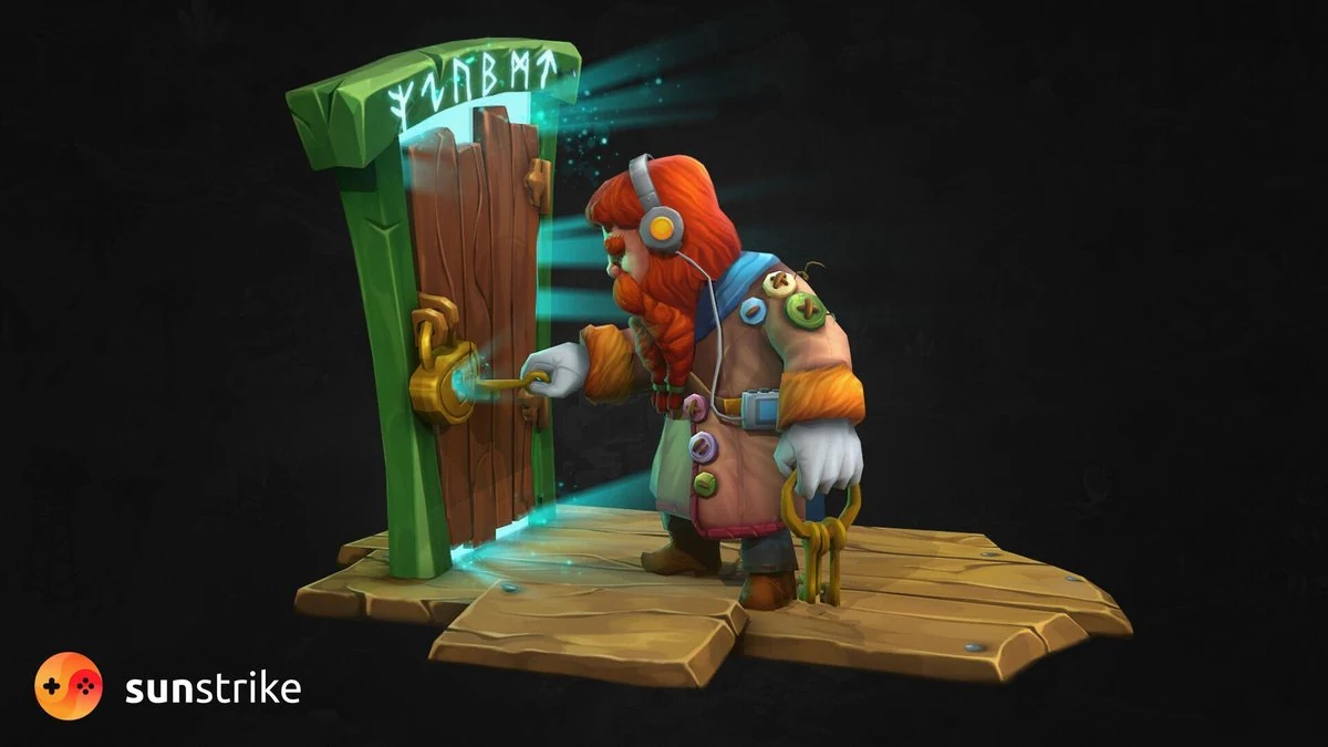 Stylised dwarf with red beard and headphones unlocking a glowing rune-carved magical doorway with chained padlock - hand-painted low-poly mobile game character and prop set