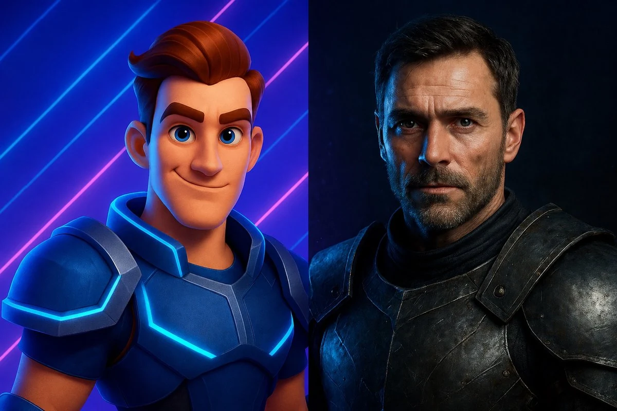 Side-by-side comparison of stylized cartoon hero in blue armor against neon background and photorealistic bearded warrior in dark plate armor showing realism versus stylization in 3D character design