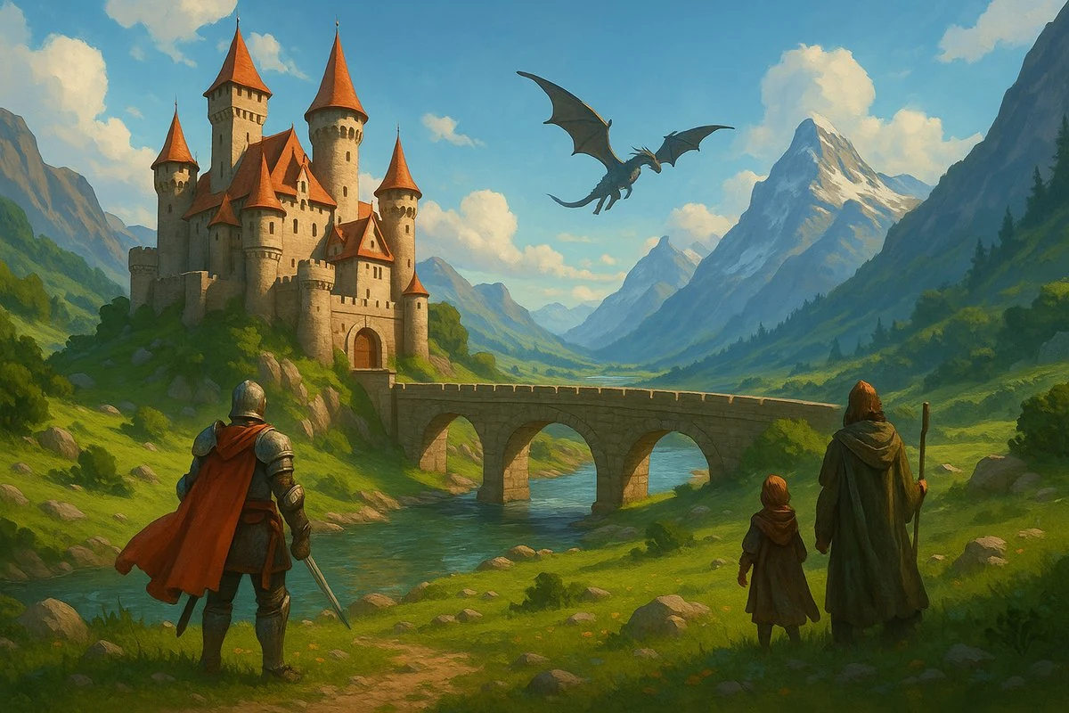 Stylized fantasy concept painting of a knight in red cloak with sword approaching a fairytale castle on a stone bridge while a black dragon flies overhead through mountain valley
