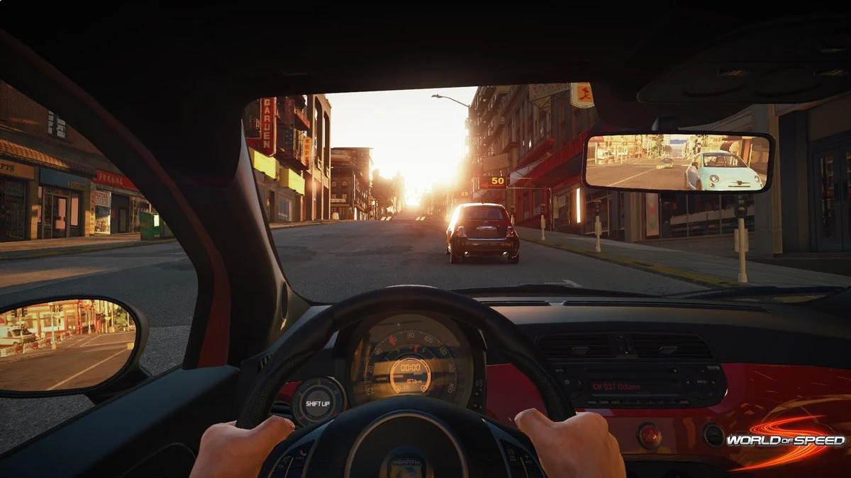 First-person driving view from inside a car cockpit at sunset showing a city street, leading vehicle ahead and detailed dashboard with steering wheel and side mirrors