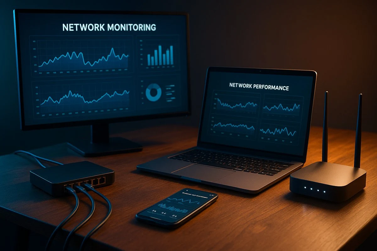 Network performance dashboard mockup with two monitors showing line graphs and bar charts on a desk alongside a smartphone and router with antennas in a dimly lit room