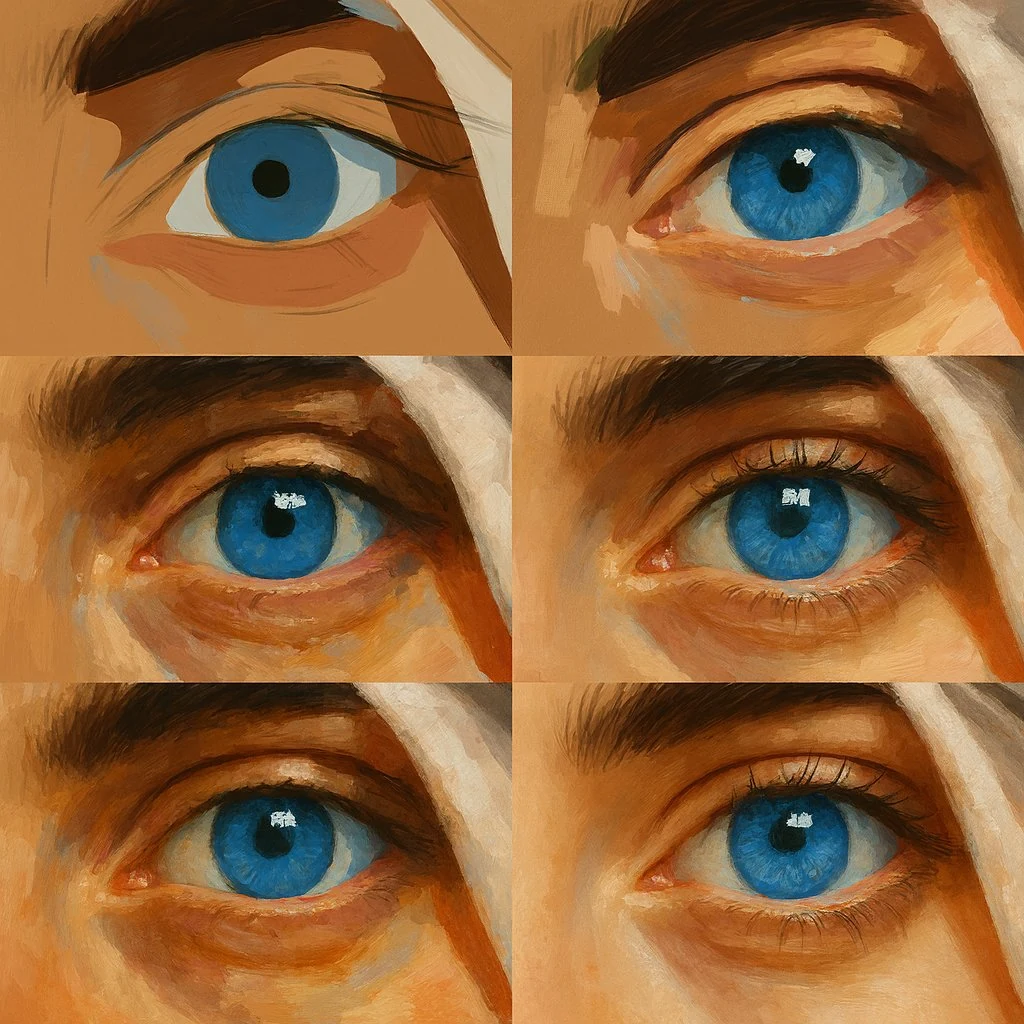 Six-panel painterly study of a single blue eye showing brush technique progression from rough underpainting to detailed iris and skin tones around the eye