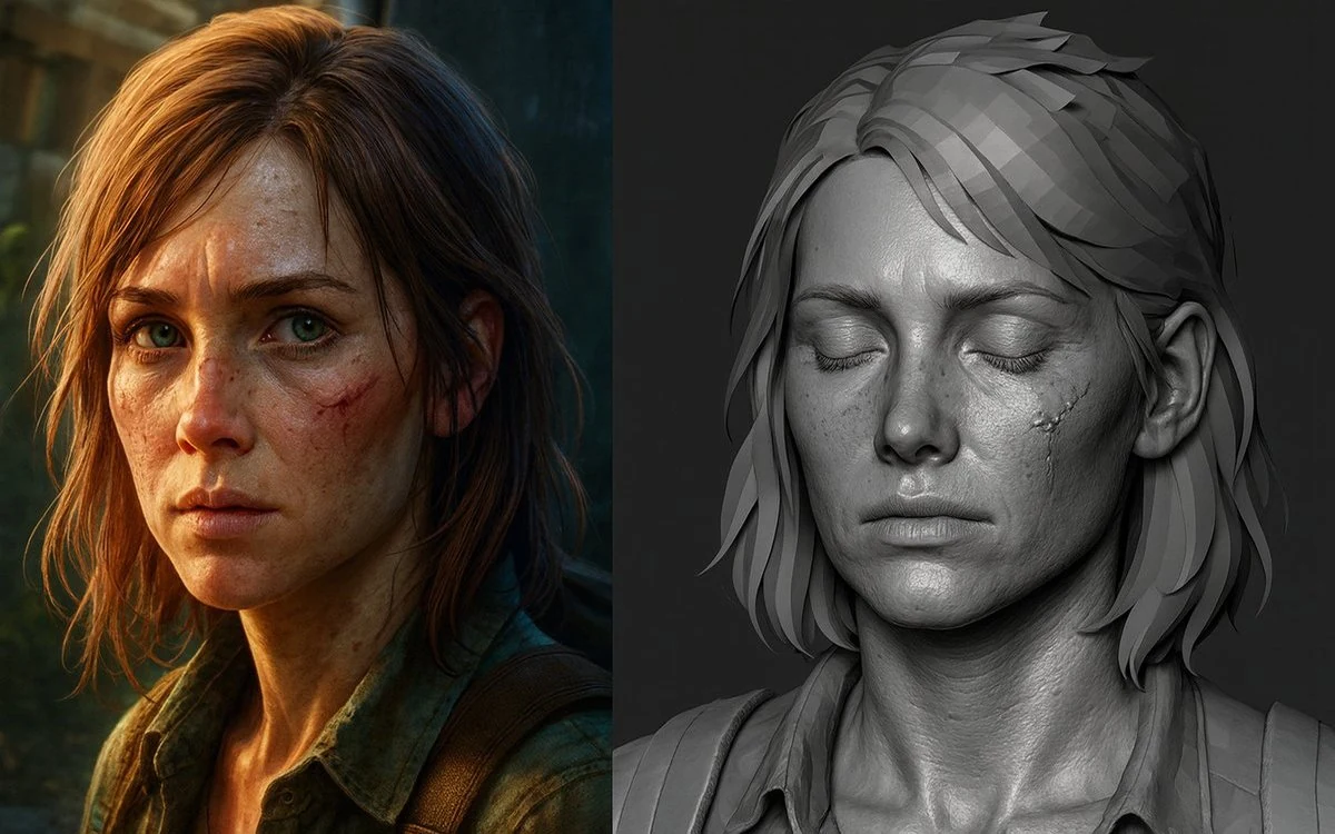 Side-by-side female character showing a finished realistic render with freckles and battle wounds next to her low-poly grey ZBrush sculpt with closed eyes and tears