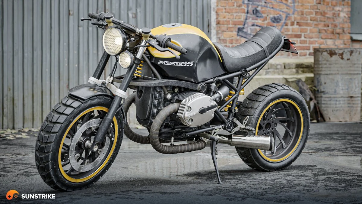 Photorealistic 3D model of a custom yellow and black BMW R1200GS scrambler motorcycle with knobby tires parked on wet asphalt against a brick wall